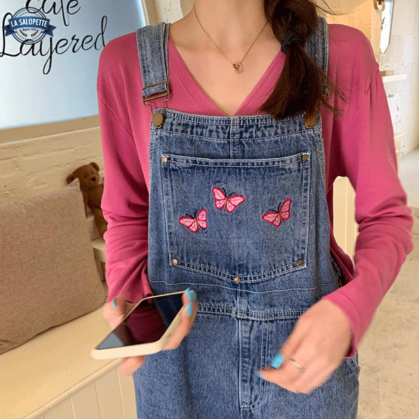 Denim smækbukser Sommerfuglebroderi