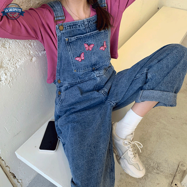 Denim smækbukser Sommerfuglebroderi
